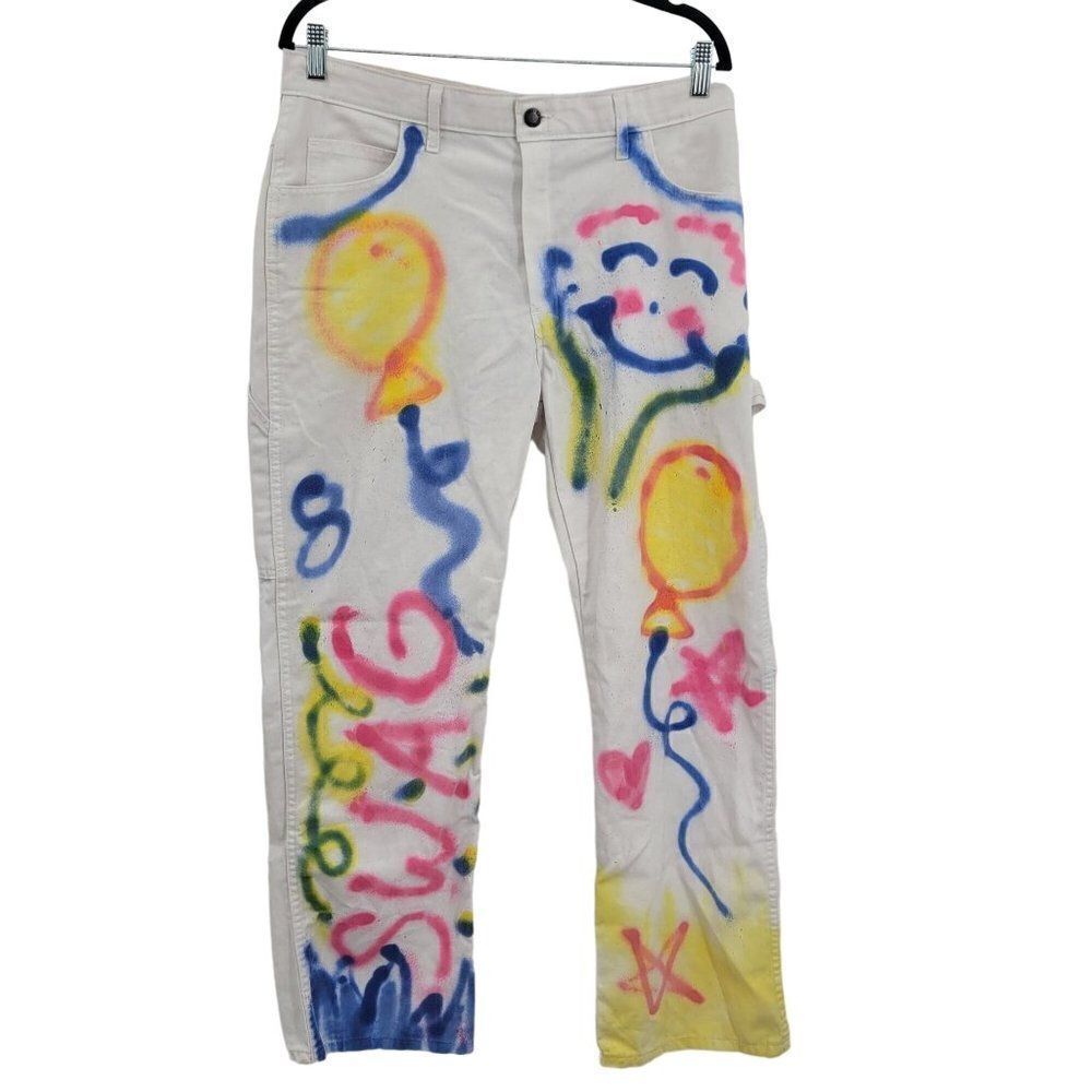 Unisex‎ Upcycled White Painters Pants 34x30 Multicolor Party Graffiti Streetwear
